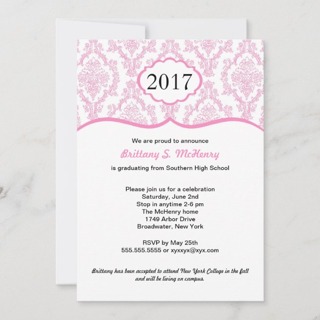 Damask High School Graduation Invite Pink (Front)