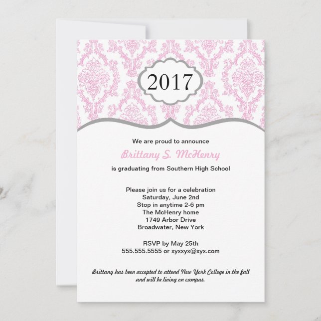 Damask High School Graduation Invite Pink & Grey (Front)