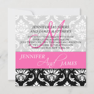 Damask Hot Pink Monogram Name Wedding Invitations