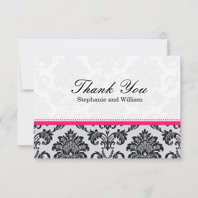 Damask Hot Pink Wedding Thank You Card (Front)