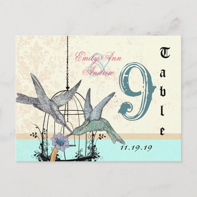 Damask Hummingbird  Birdcage Wedding Table Number Postcard (Front)