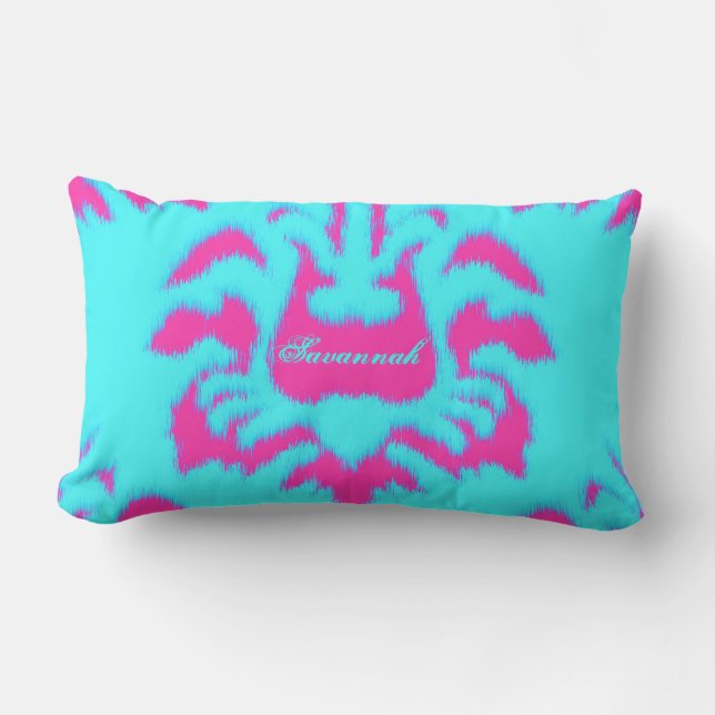 Damask Ikat Bright Aqua & Hot Pink Pillow (Front)