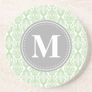 Damask in Mint Green Grey Monogram Coaster
