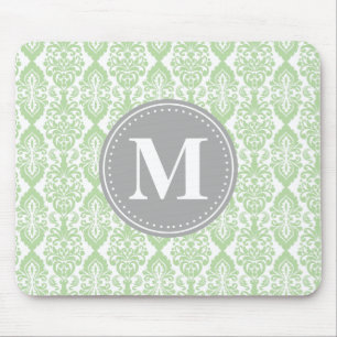 Damask in Mint Green Grey Monogram Mouse Mat