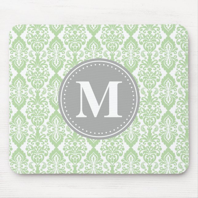 Damask in Mint Green Grey Monogram Mouse Mat (Front)