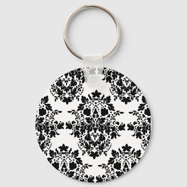 damask in White & Black Key Ring (Front)