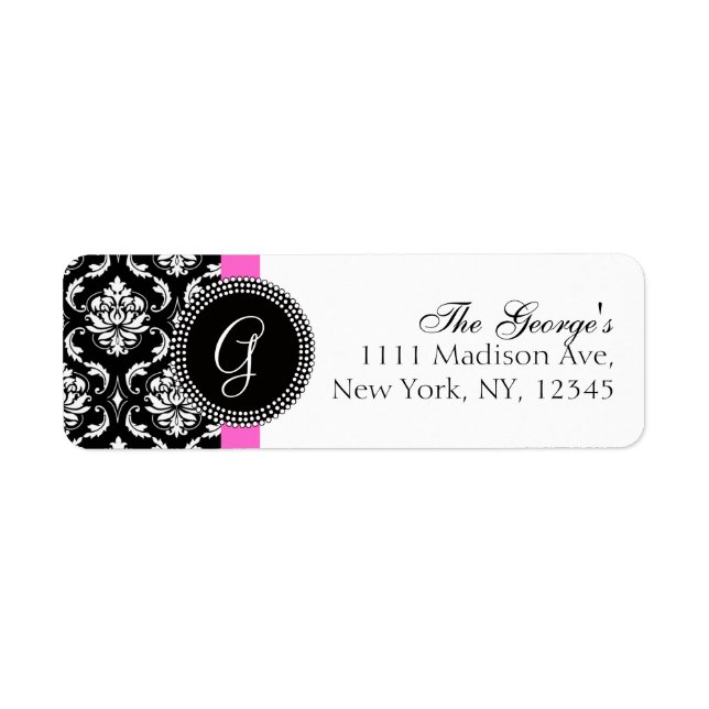 Damask Initial Pink Wedding Address Label (Front)