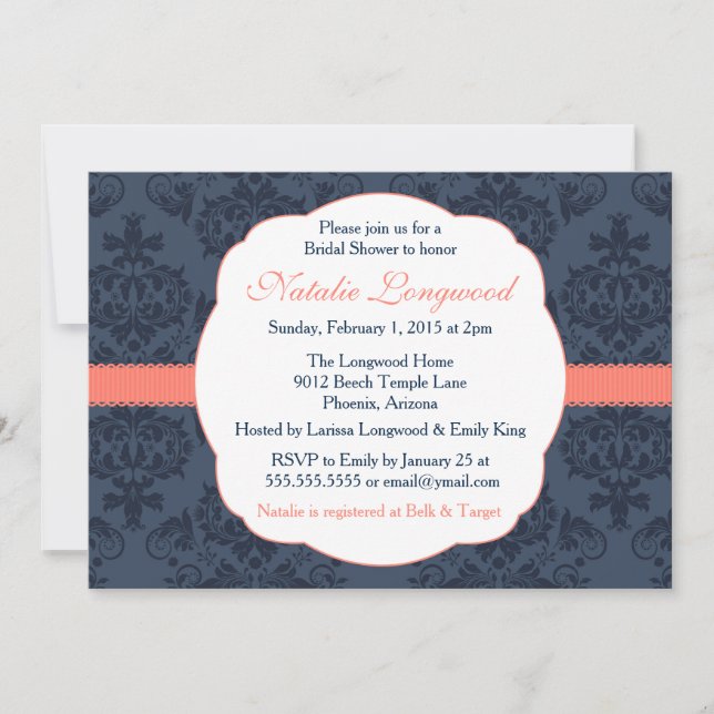 Damask Invitation Bridal, Baby Shower, coral navy (Front)