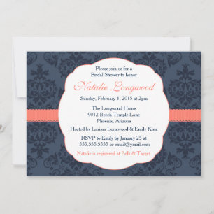 Damask Invitation Bridal, Baby Shower, coral navy