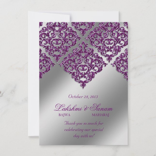 Damask Invite Photo Card Silver Purple Sparkle (Front)