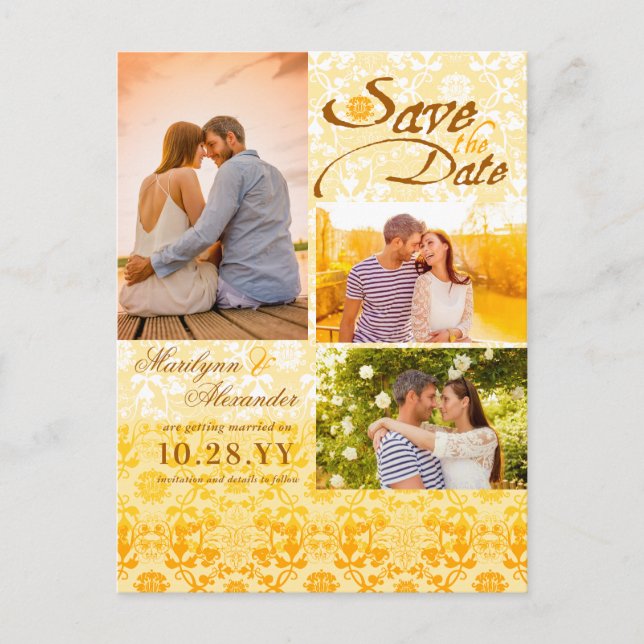 Damask Lace Golden Yellow Photo Save The Date Announcement Postcard (Front)