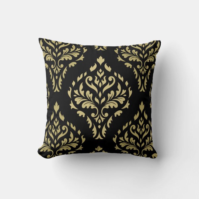 Damask Leafy Baroque Pattern Black & Golds Cushion (Front)