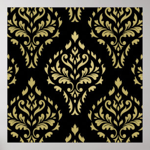 Damask Leafy Baroque Pattern Black & Golds Poster