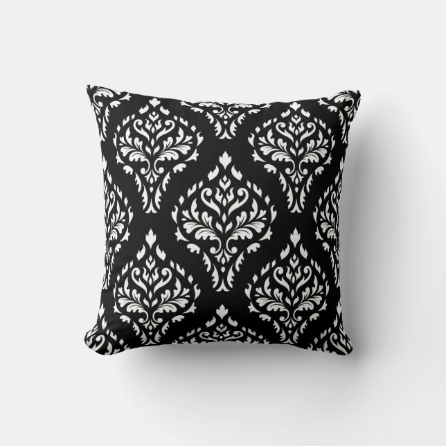 Damask Leafy Baroque Repeat Pattern B&W I Cushion (Front)