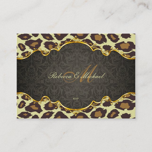 Damask Leopard Monogram Wedding RSVP Cards (Front)