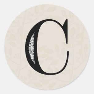 Damask Letter C - Black Classic Round Sticker