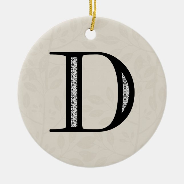 Damask Letter D - Black Ceramic Tree Decoration (Front)