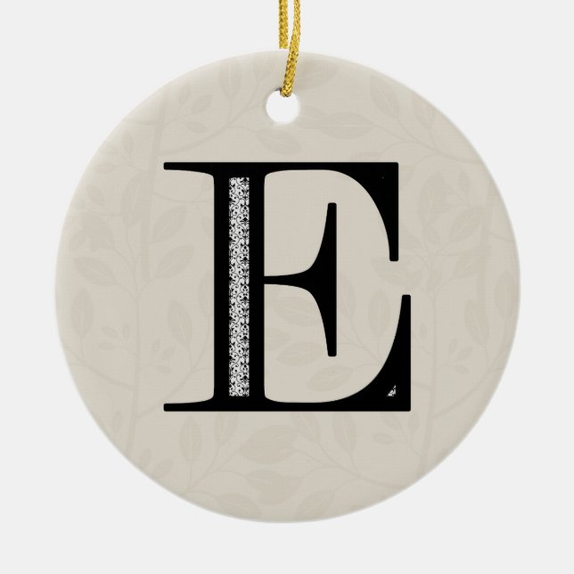 Damask Letter E - Black Ceramic Tree Decoration (Front)