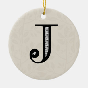 Damask Letter J - Black Ceramic Tree Decoration