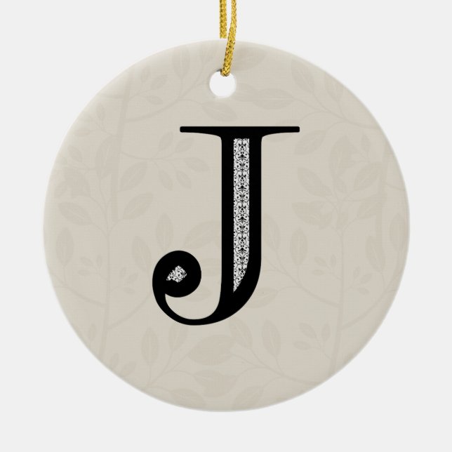 Damask Letter J - Black Ceramic Tree Decoration (Front)
