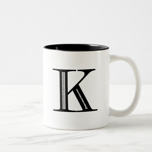 Damask Letter K - Black Two-Tone Coffee Mug (Right)