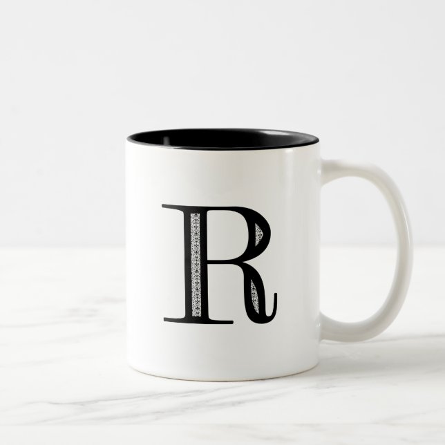 Damask Letter R - Black Two-Tone Coffee Mug (Right)