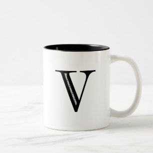 Damask Letter V - Black Two-Tone Coffee Mug