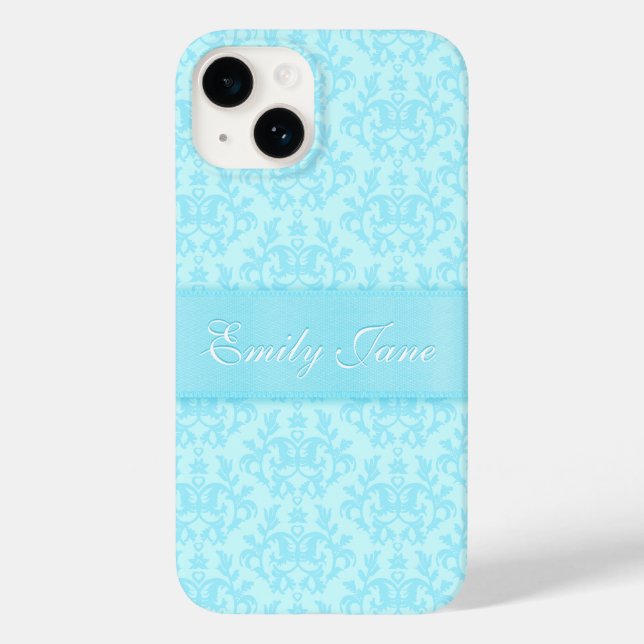 Damask light blue custom name ribbon Case-Mate iPhone case (Back)