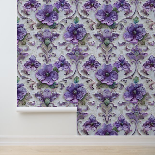 Damask luxury emboss texture purple viola blossom wallpaper (Application)