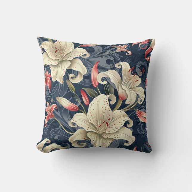 Damask luxury texture of cream lily flower blossom cushion (Front)