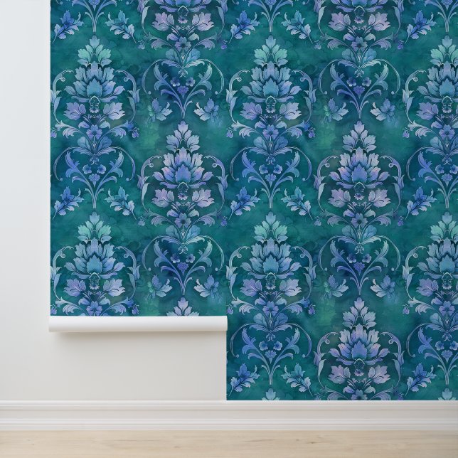 Damask luxury texture of cyan decorative flower wallpaper (Application)