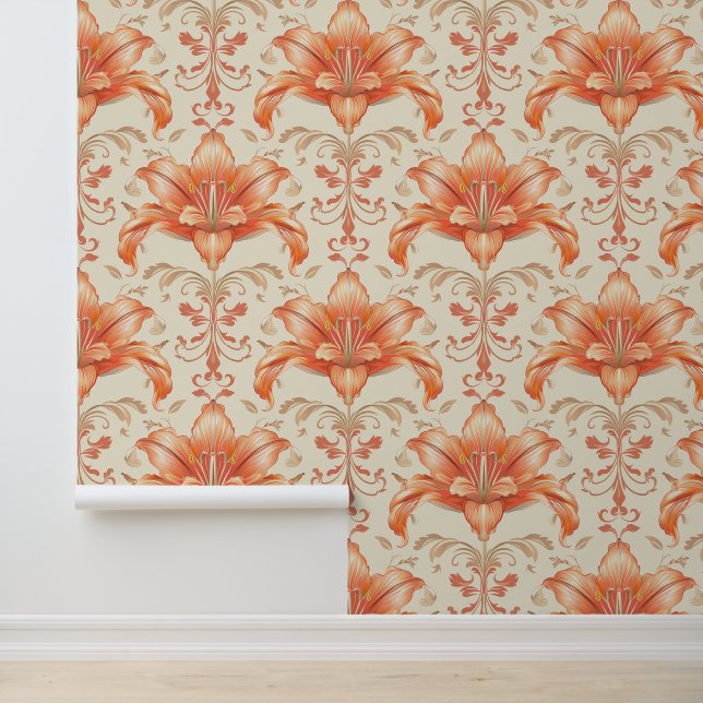 Damask luxury texture of peach lily flower blossom wallpaper (Application)