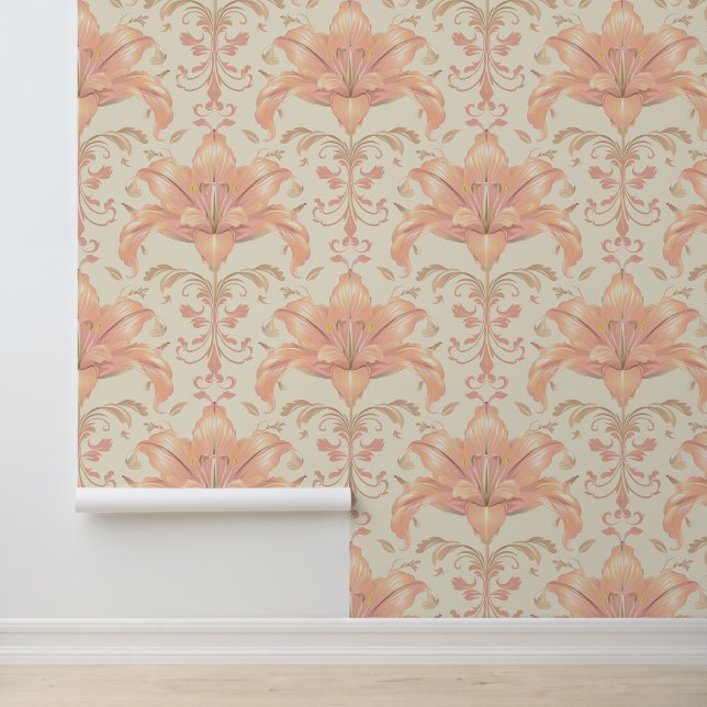Damask luxury texture of peach lily flower blossom wallpaper (Application)