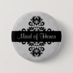 Damask maid of honour 6 cm round badge<br><div class="desc">A maid of honour pin on button in a beautiful black and grey damask pattern.</div>