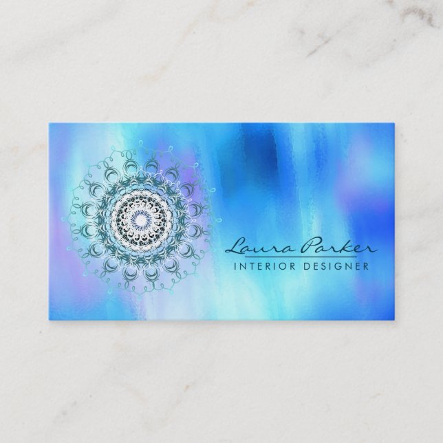 Damask Mandala Abstract Watercolor Blue Business Card (Front)