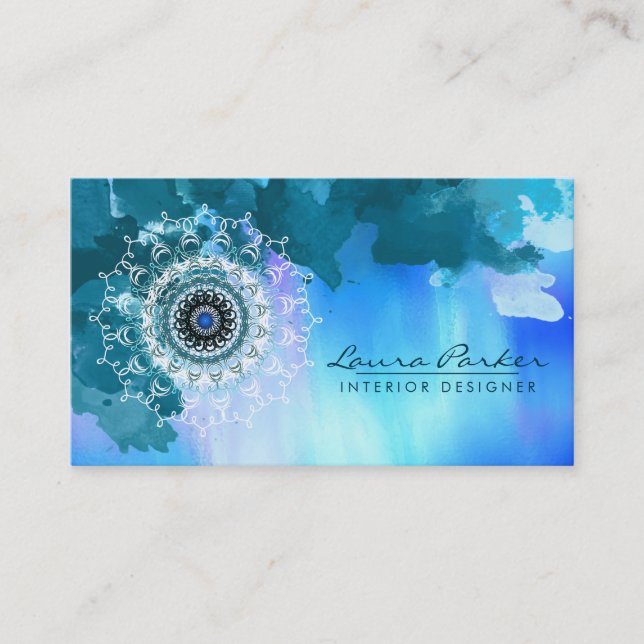 Damask Mandala Sea Abstract Watercolor Blue Business Card (Front)