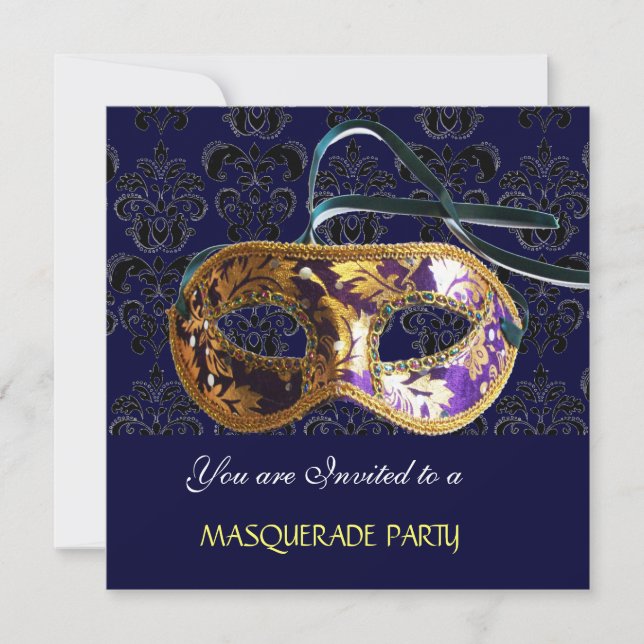 DAMASK MASQUERADE PARTY  blue Invitation (Front)