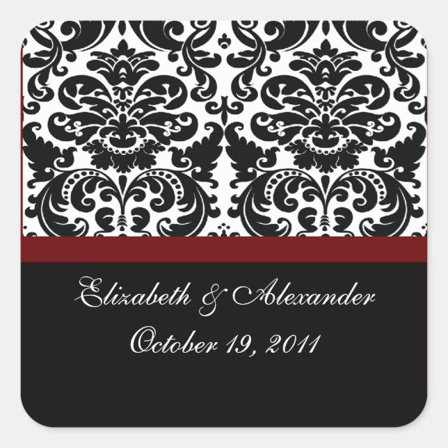 Damask Merlot Red Bridal Shower Square Sticker (Front)