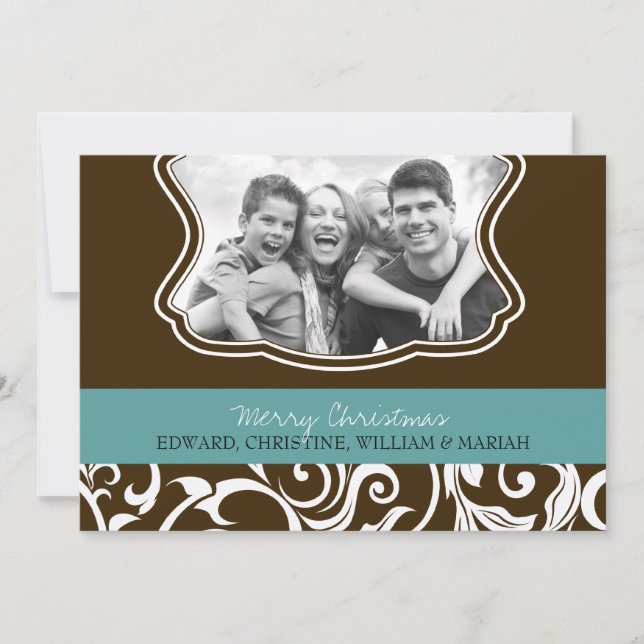 Damask Merry Christmas Family Photo Holiday Card (Front)