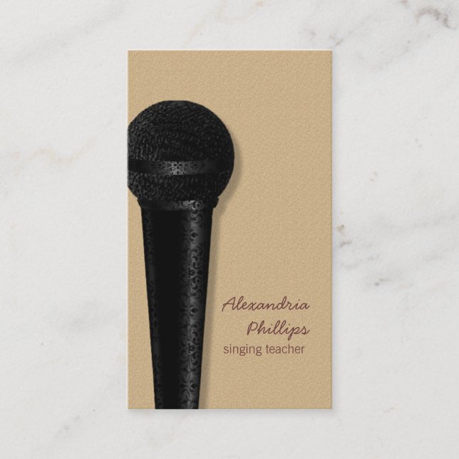 Damask Microphone Business Card, Black Business Card (Front)