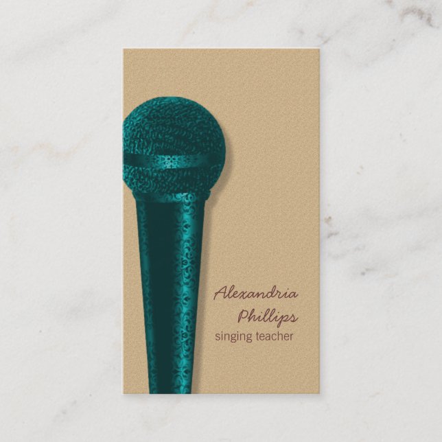 Damask Microphone Business Card, Teal Business Card (Front)