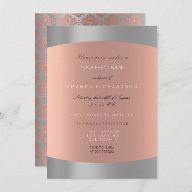 Damask Minimal Grey Rose Gold Elegant Royal Invitation (Front/Back)