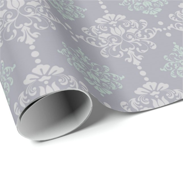 Damask Mint Green Pastel Grey Grey Delicate Wrapping Paper (Roll Corner)