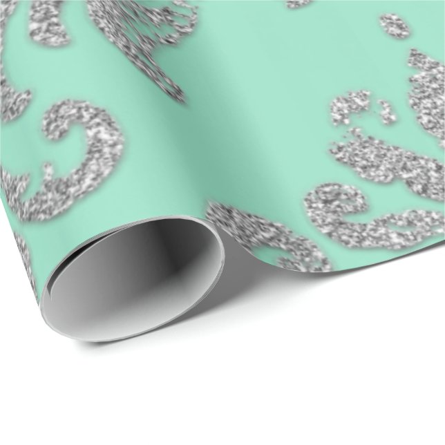 Damask Mint Green Royal Metallic Silver Glitter Wrapping Paper (Roll Corner)