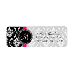 Damask Monogram Address Labels Black White