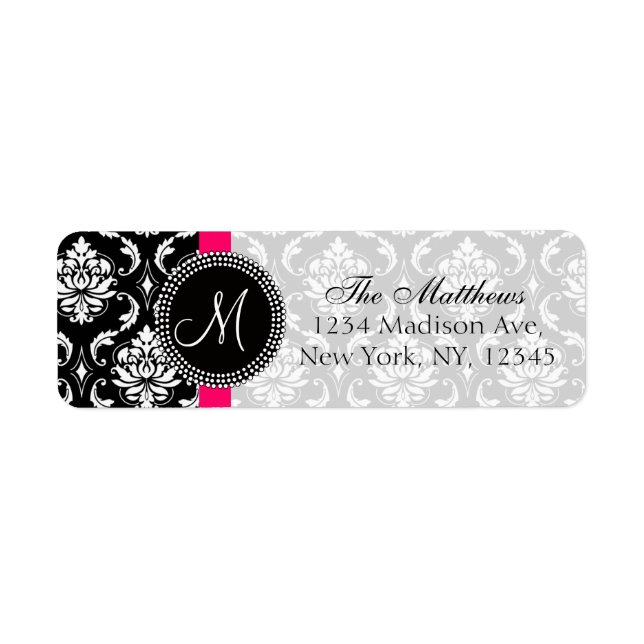 Damask Monogram Address Labels Black White (Front)