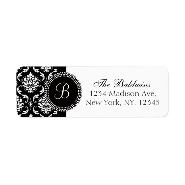 Damask Monogram Address Labels Black White (Front)