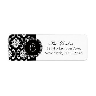 Damask Monogram Address Labels Black White