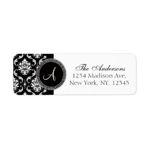 Damask Monogram Address Labels Black White