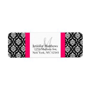 Damask Monogram Address Labels Pink Black White